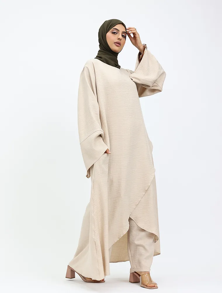Beige Linen Feel Wrap Co Ord Set